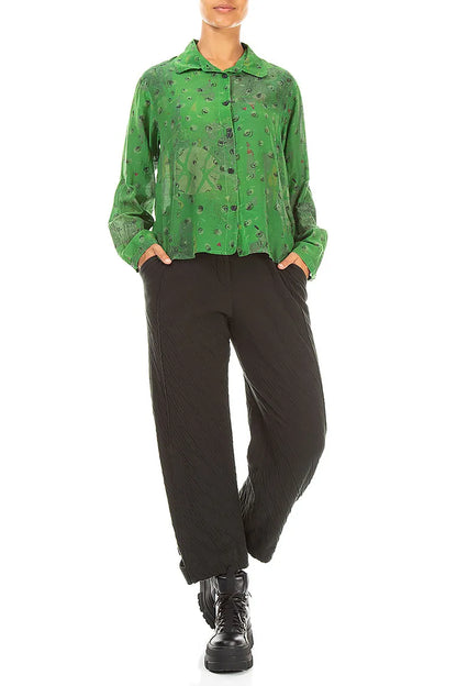Rounded Hem Shamrock Green Meadow Silk Cotton Shirt 4