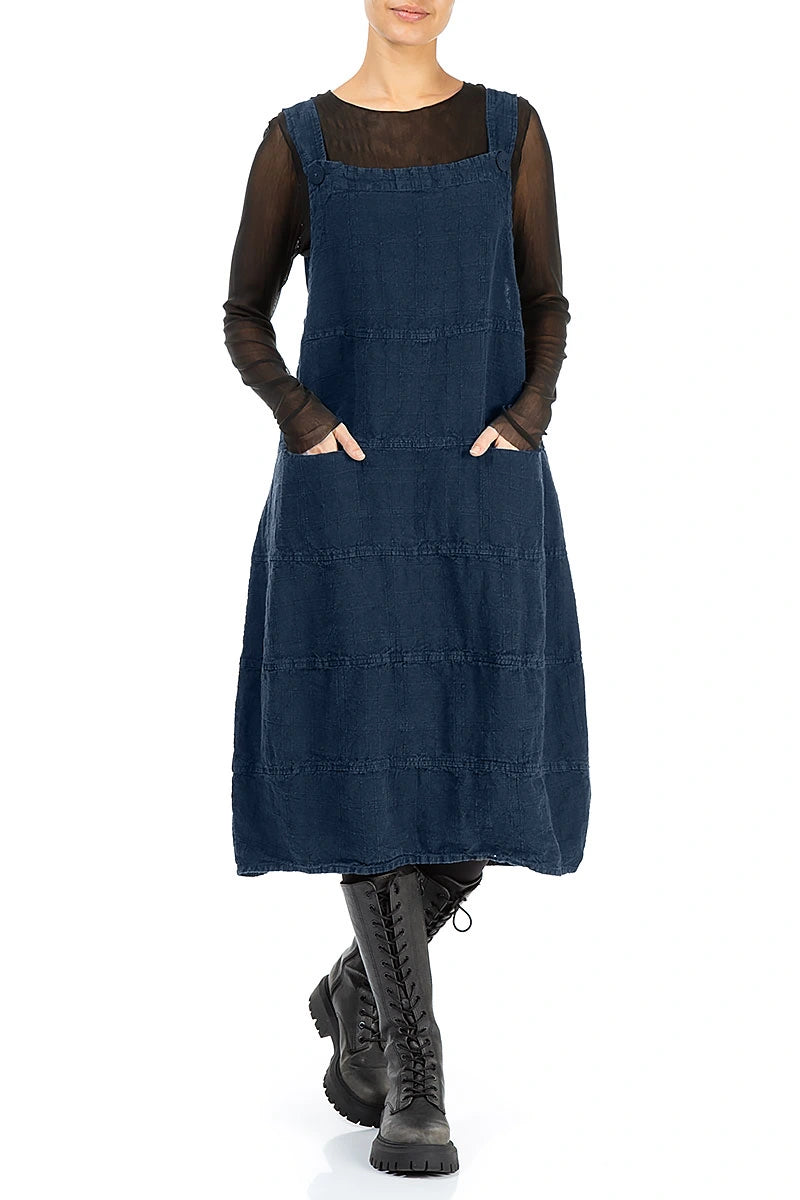 Royal Blue Patterned Linen Dungaree Dress 3