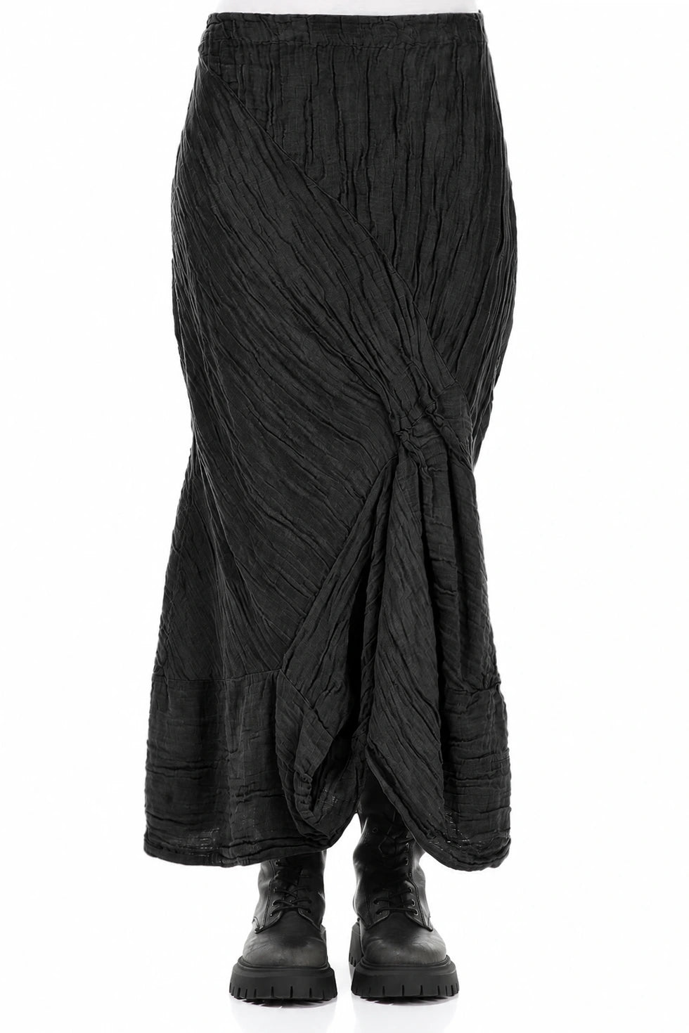 Ruched Crinkled Charcoal Silk Linen Skirt 1