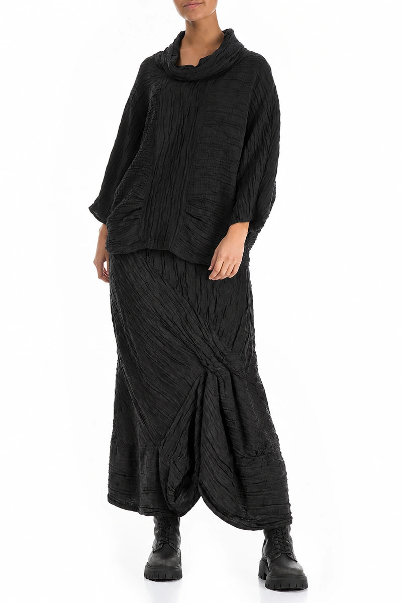 Ruched Crinkled Charcoal Silk Linen Skirt 4