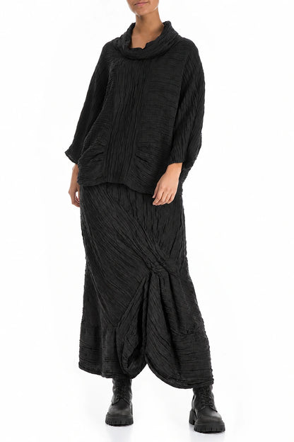 Ruched Crinkled Charcoal Silk Linen Skirt