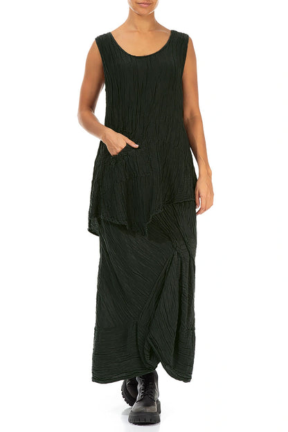 Ruched Crinkled Dark Khaki Silk Skirt 4