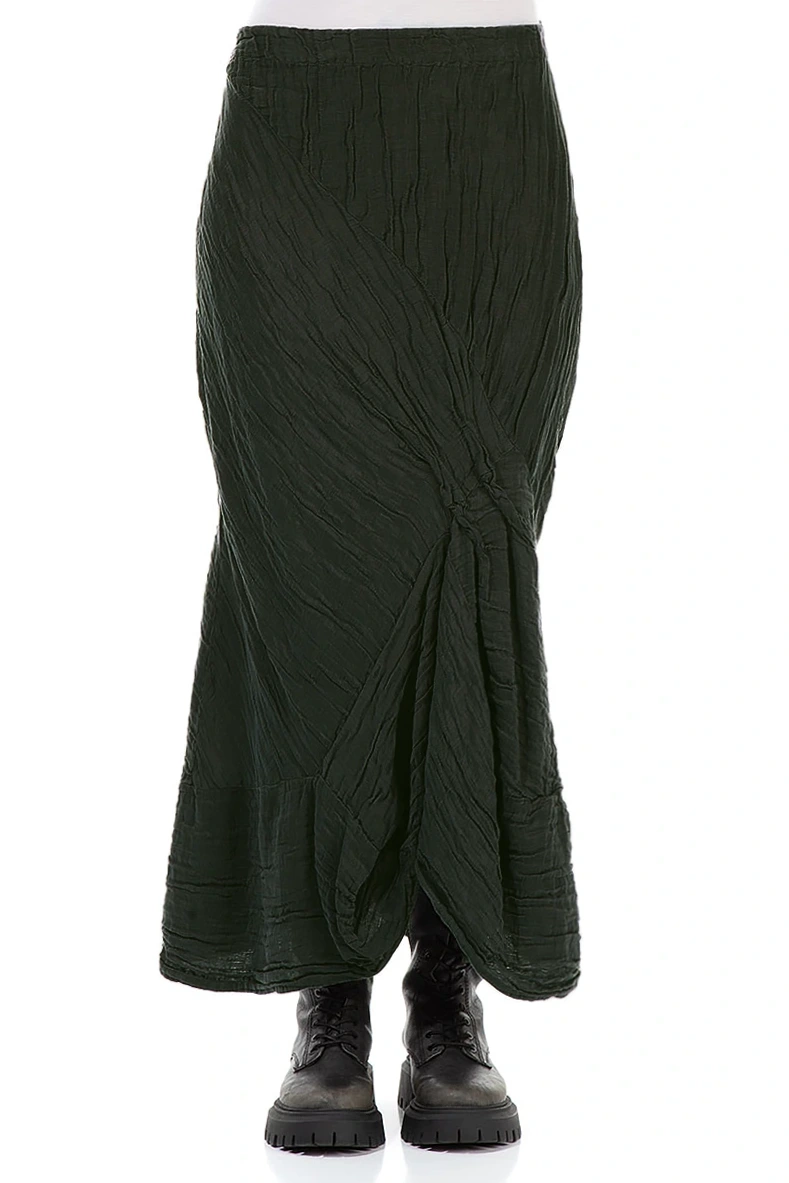 Ruched Crinkled Dark Khaki Silk Linen Skirt 1