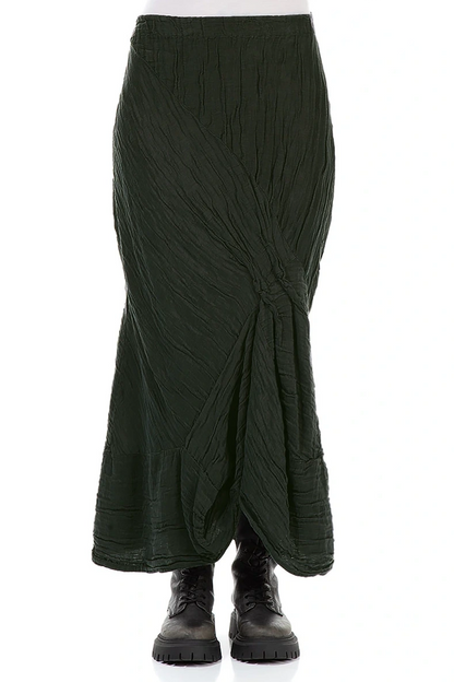 Ruched Crinkled Dark Khaki Silk Linen Skirt
