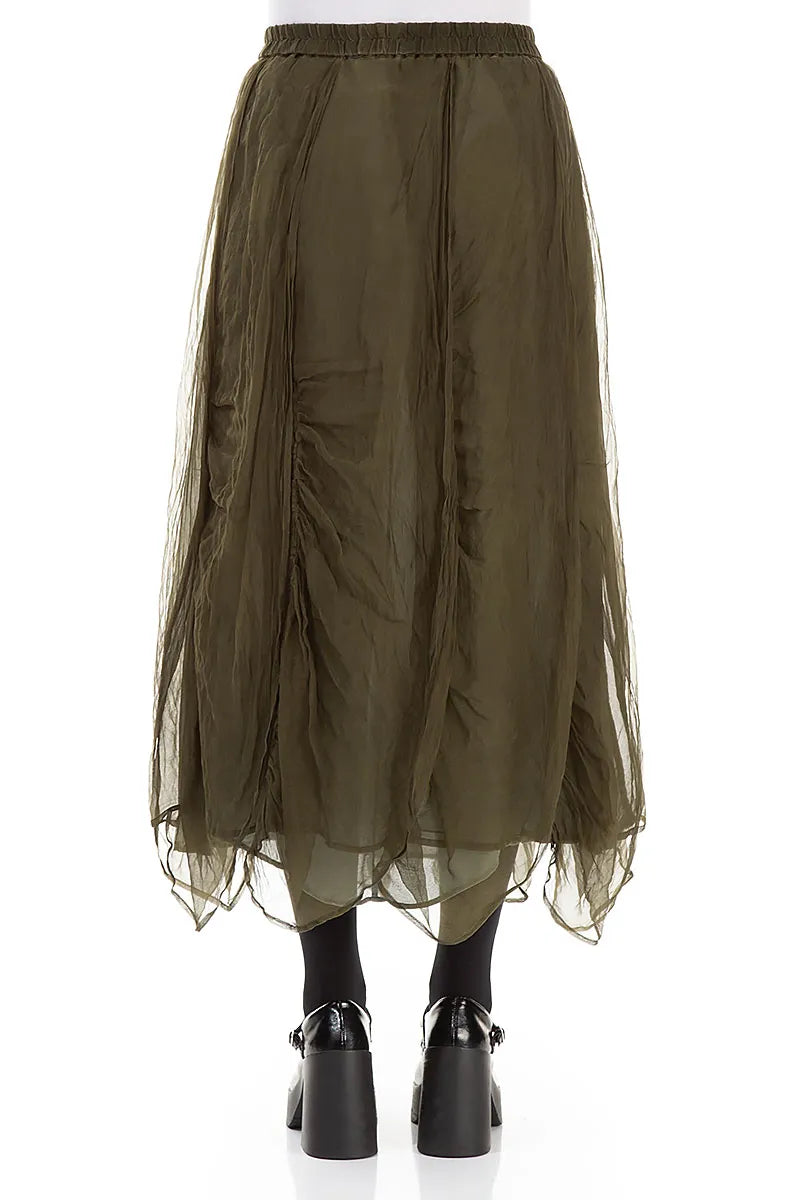 Ruched Forest Mist Silk Chiffon Skirt
