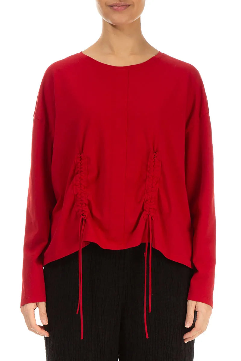 Ruched Front Cherry Red Cotton Blouse
