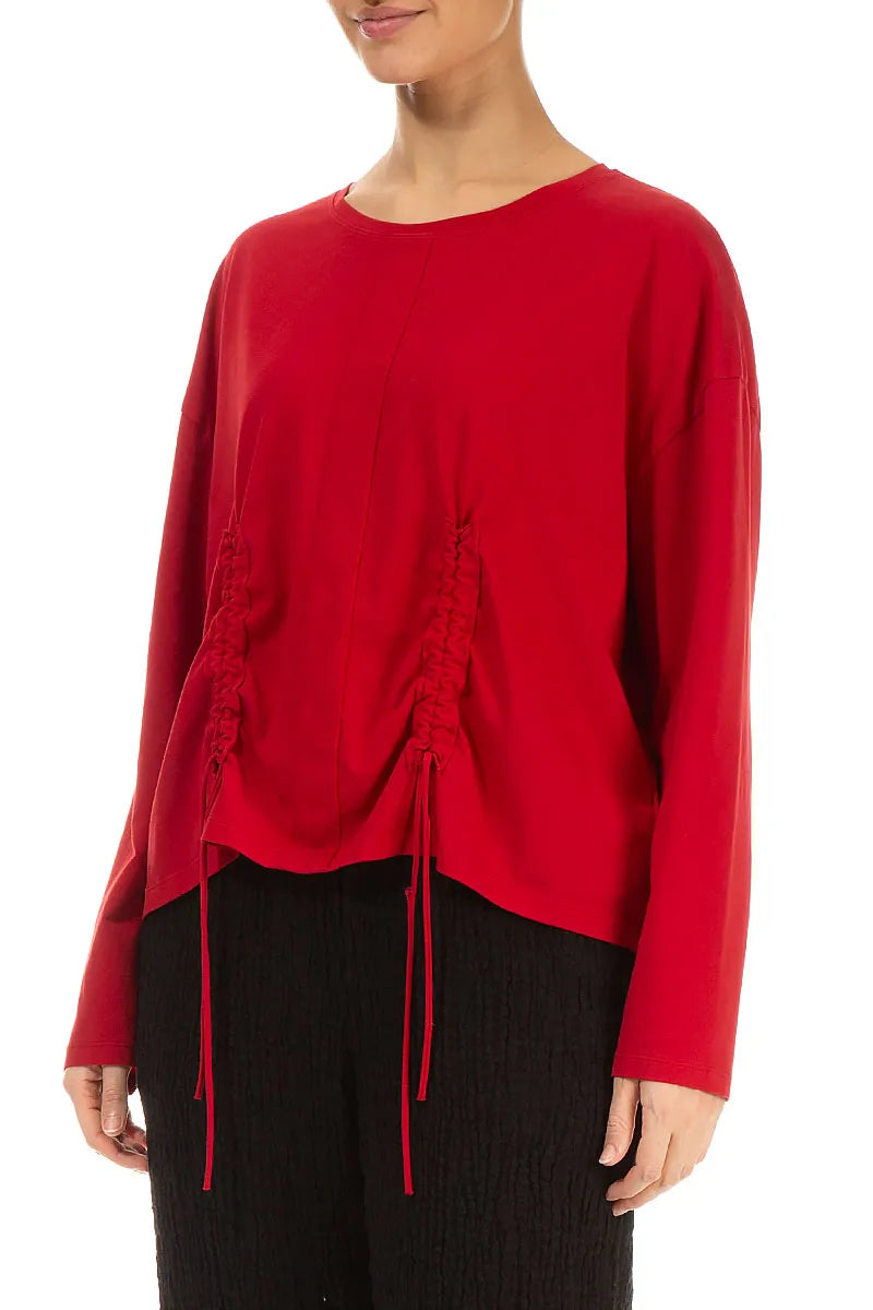 Ruched Front Cherry Red Cotton Blouse