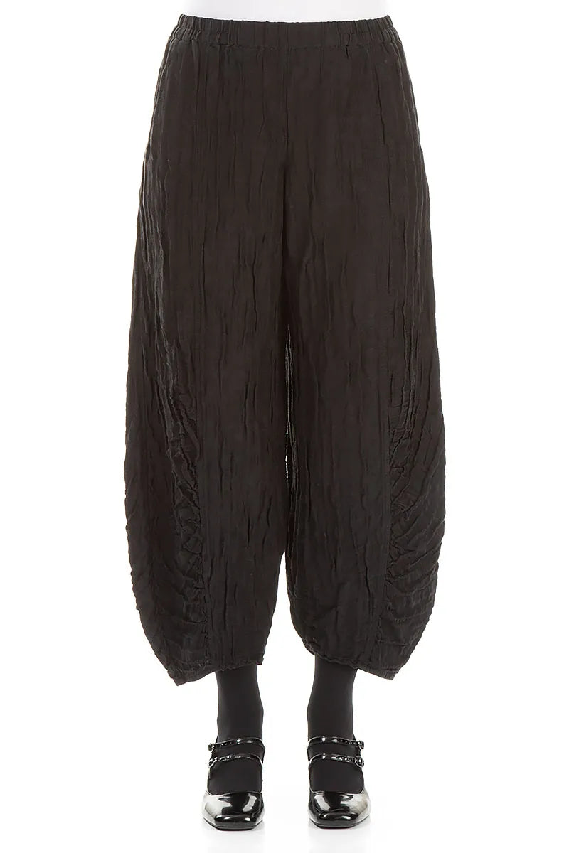 Ruched Hem Black Crinkled Silk Linen Trousers 1