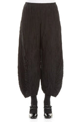 Ruched Hem Black Crinkled Silk Linen Trousers 1