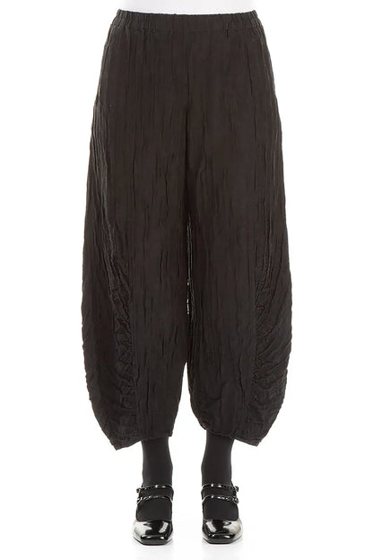 Ruched Hem Black Crinkled Silk Linen Trousers 1