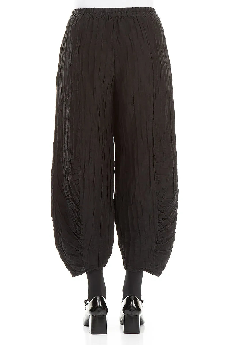 Ruched Hem Black Crinkled Silk Linen Trousers 2