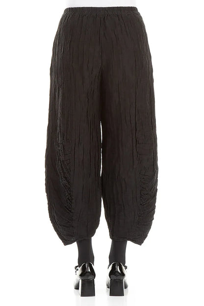 Ruched Hem Black Crinkled Silk Linen Trousers 2