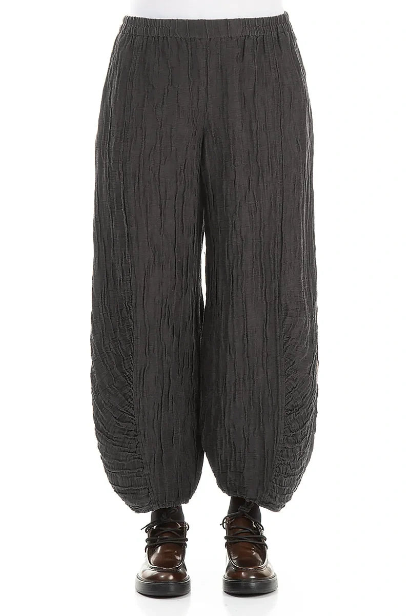 Ruched Hem Charcoal Crinkled Silk Linen Trousers