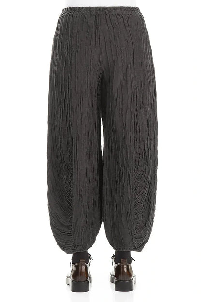 Ruched Hem Charcoal Crinkled Silk Linen Trousers