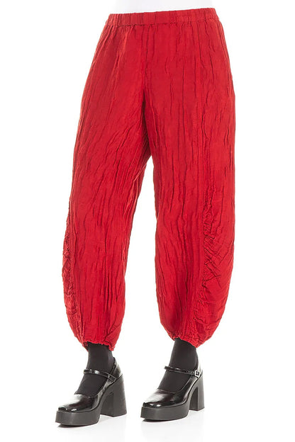 Ruched Hem Cherry Red Crinkled Silk Linen Trousers 3