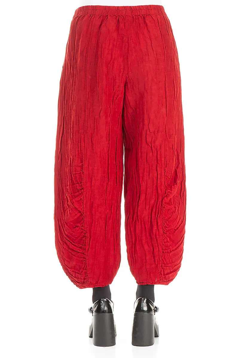 Ruched Hem Cherry Red Crinkled Silk Linen Trousers 2