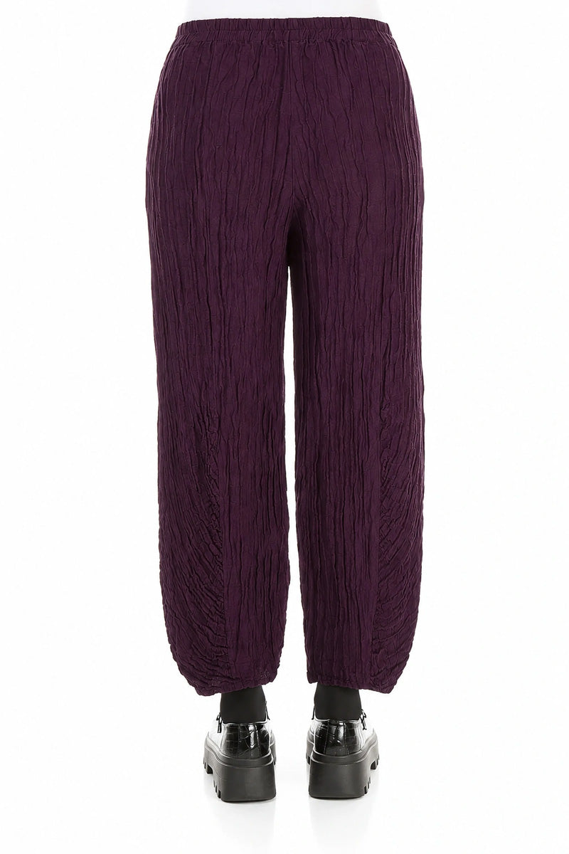 Pantalon en Soie Lin prune foncé Froissé à ourlet froncé