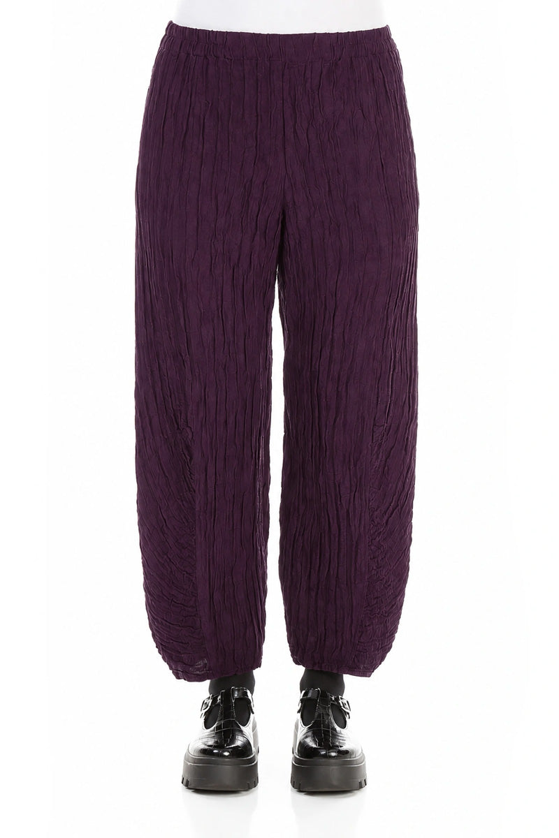 Pantalon en Soie Lin prune foncé Froissé à ourlet froncé