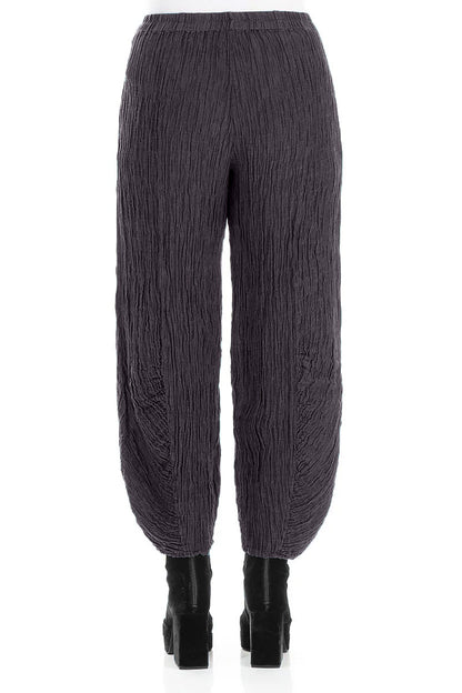Ruched Hem Graphite Blue Crinkled Silk Trousers