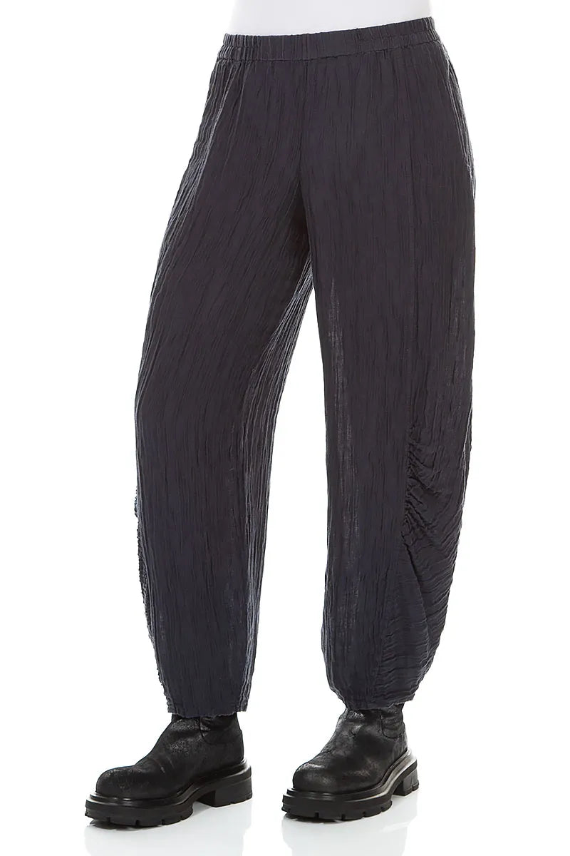 Ruched Hem Graphite Blue Crinkled Silk Trousers 3