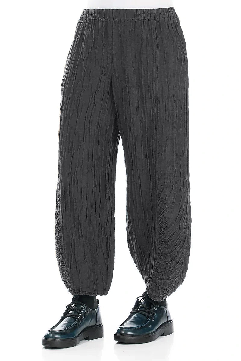Pantalon graphite en Soie et Lin Froissé à ourlet froncé