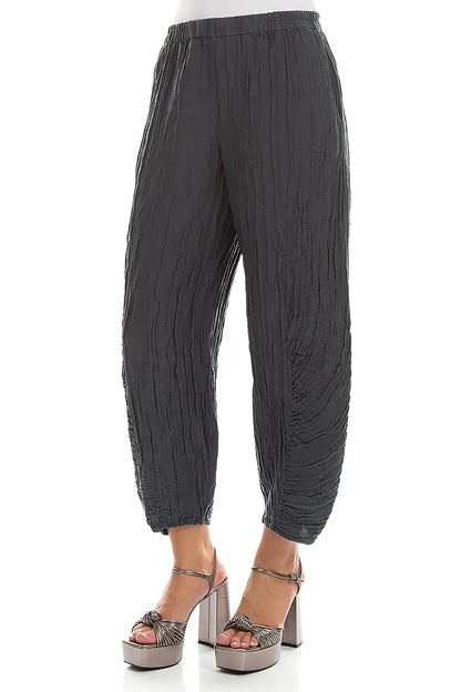 Ruched Hem Graphite Crinkled Silk Linen Trousers 3