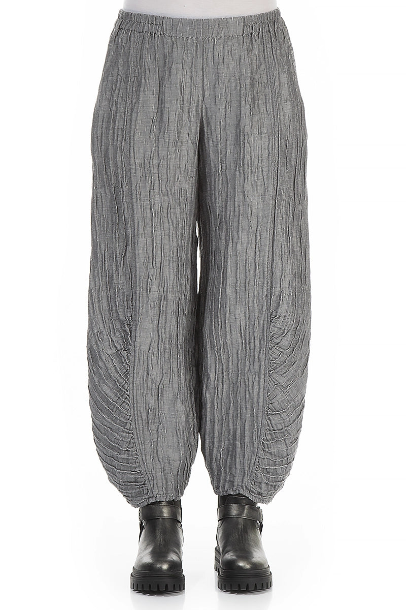 Ruched Hem Silver Crinkled Silk Linen Trousers