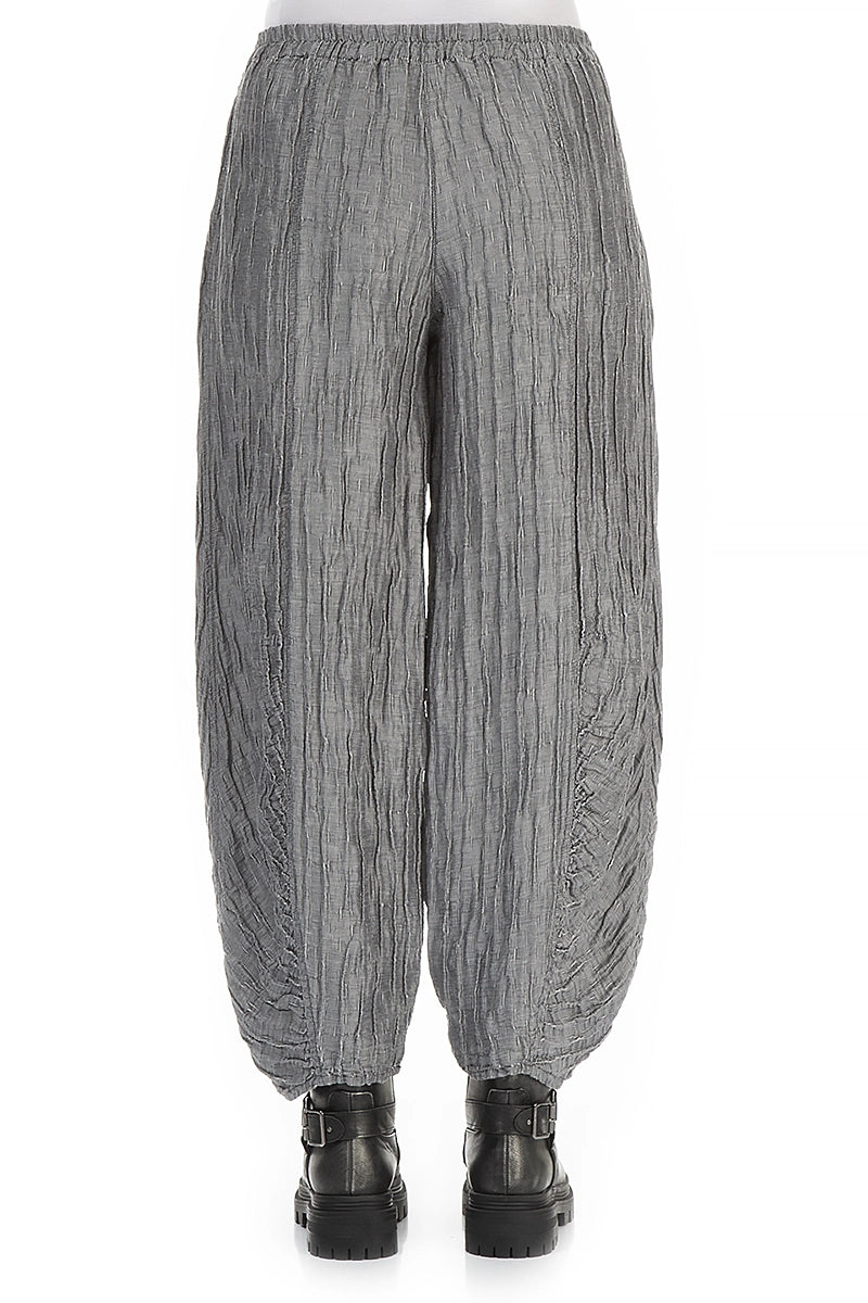 Ruched Hem Silver Crinkled Silk Linen Trousers