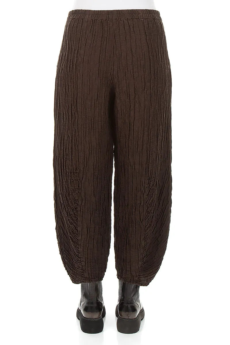 Ruched Hem Truffle Brown Crinkled Silk Linen Trousers 2