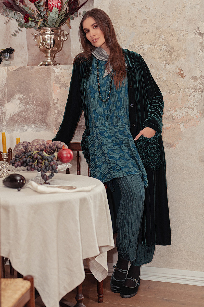 Ruched Pockets Deep Turquoise Silk Velvet Jacket - Coat 8