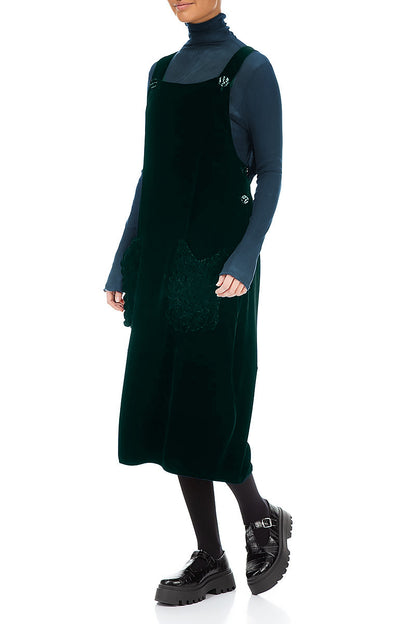 Ruched Pockets Emerald Silk Velvet Dungaree Dress 3