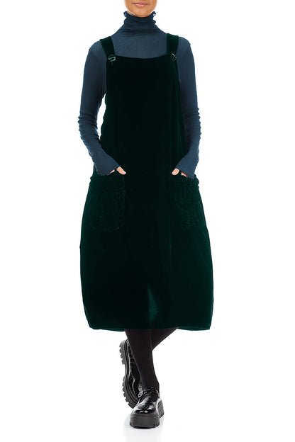 Ruched Pockets Emerald Silk Velvet Dungaree Dress 4