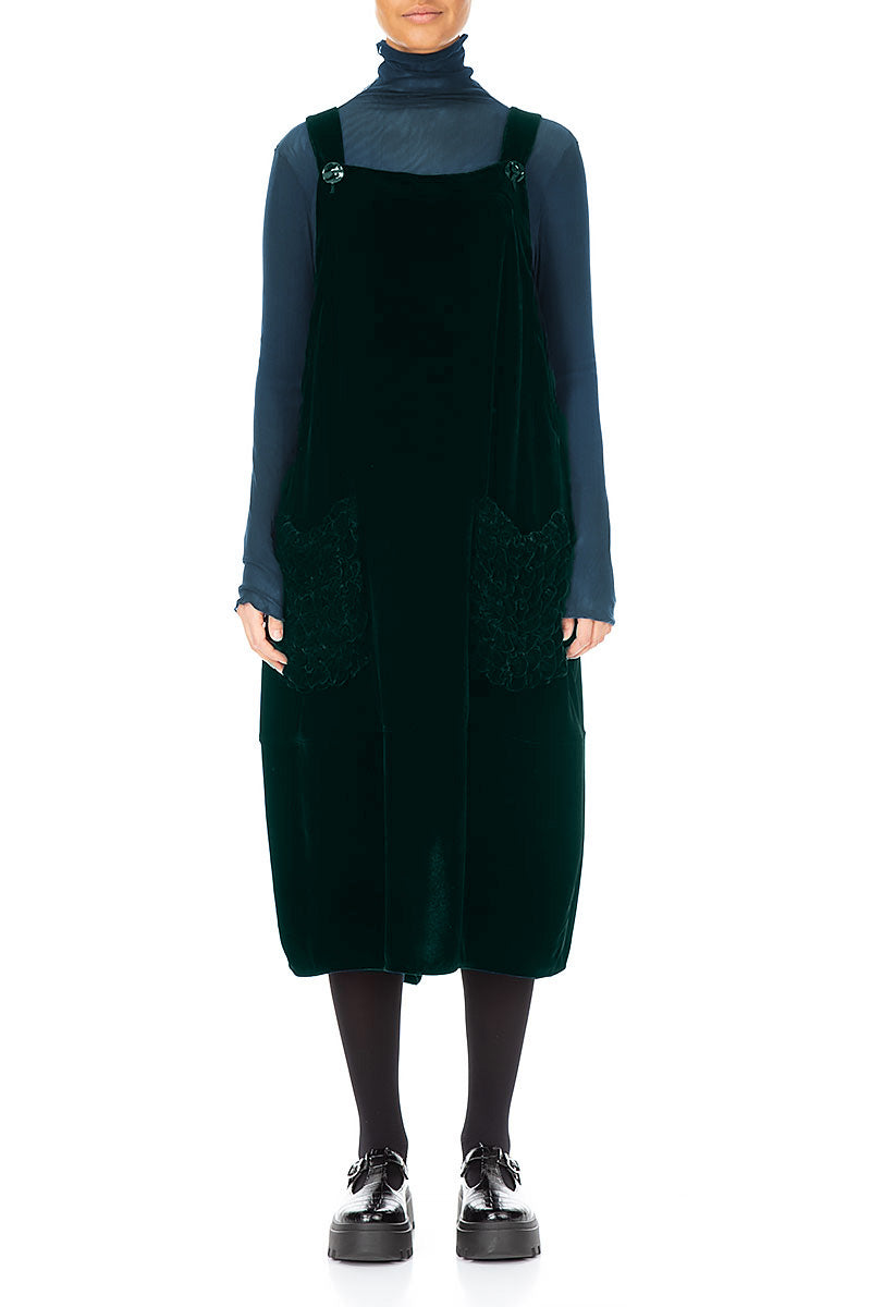 Ruched Pockets Emerald Silk Velvet Dungaree Dress 1