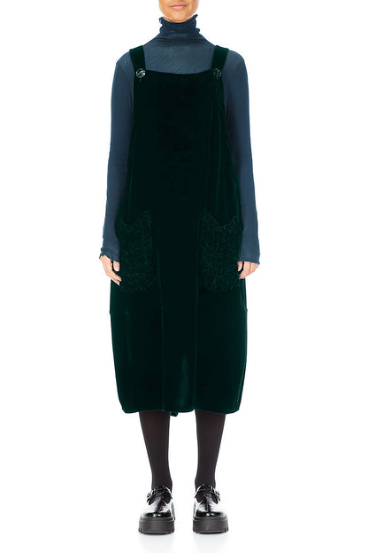 Ruched Pockets Emerald Silk Velvet Dungaree Dress 1