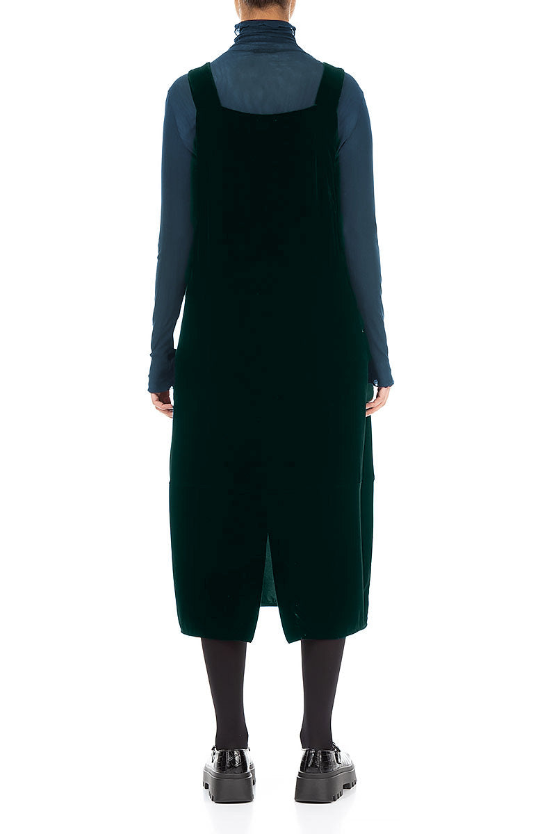 Ruched Pockets Emerald Silk Velvet Dungaree Dress 2