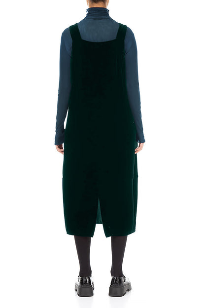 Ruched Pockets Emerald Silk Velvet Dungaree Dress 2