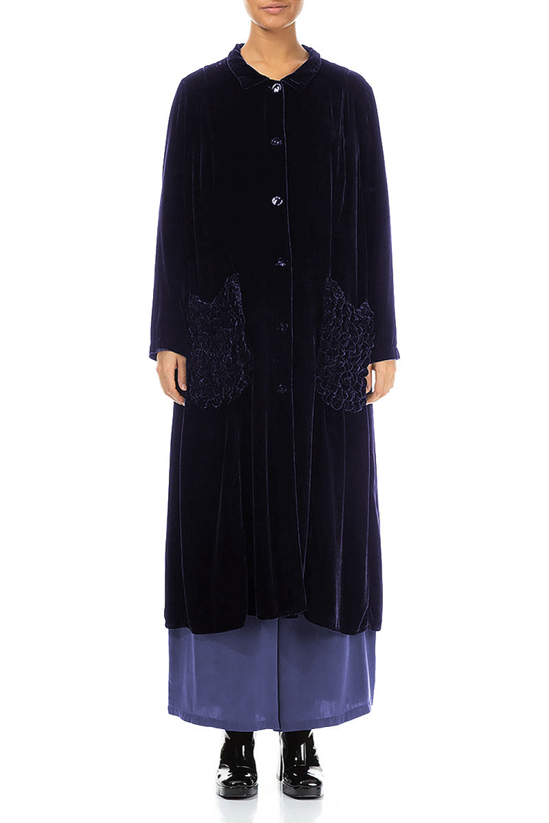 Ruched Pockets Royal Purple Silk Velvet Jacket - Coat 1