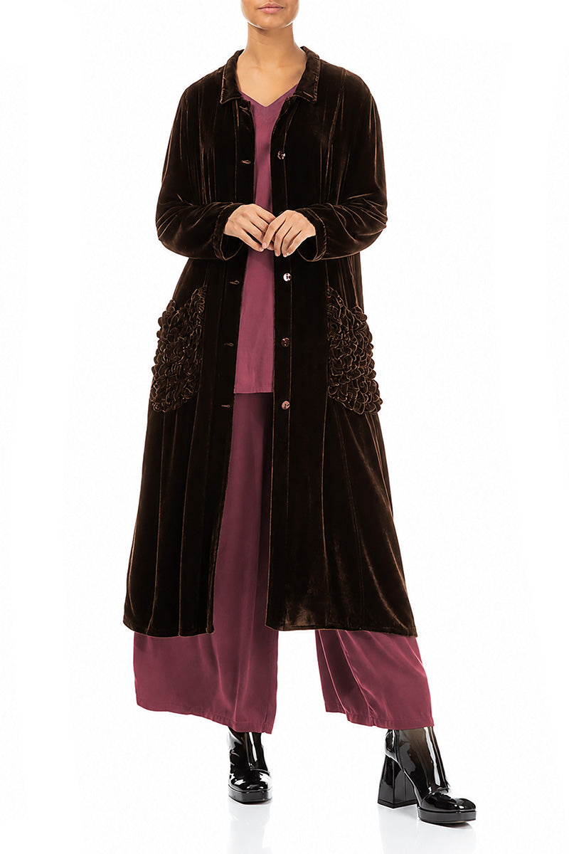 Ruched Pockets Truffle Brown Silk Velvet Jacket - Coat 4