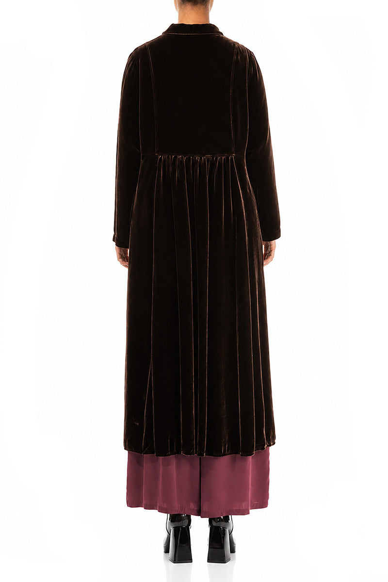 Ruched Pockets Truffle Brown Silk Velvet Jacket - Coat 2
