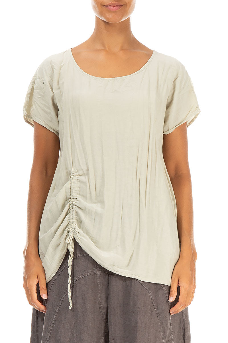 Ruched Side Crumpled Laurel Green Silk Cotton Blouse 1