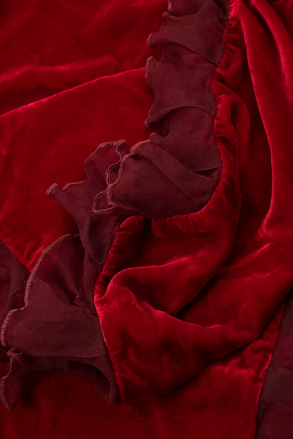 Ruffled Cherry Red Silk Velvet Scarf 4