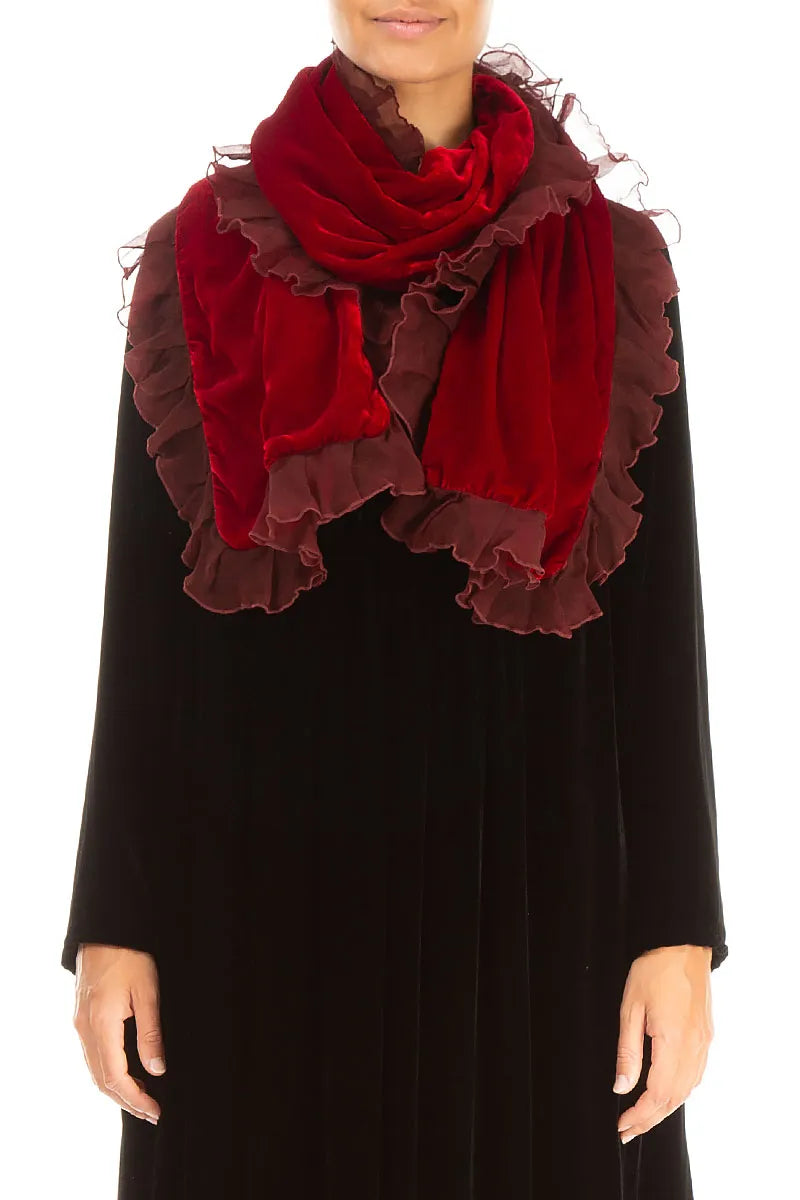Ruffled Cherry Red Silk Velvet Scarf 1