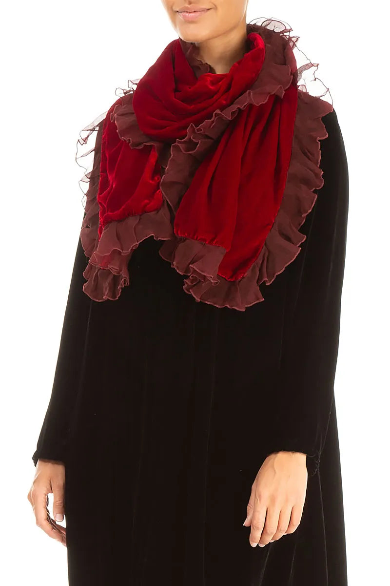 Ruffled Cherry Red Silk Velvet Scarf 3