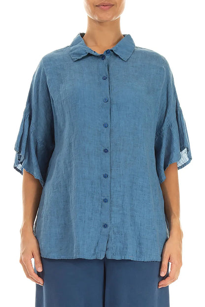 Ruffled Cuffs Cobalt Blue Linen Shirt