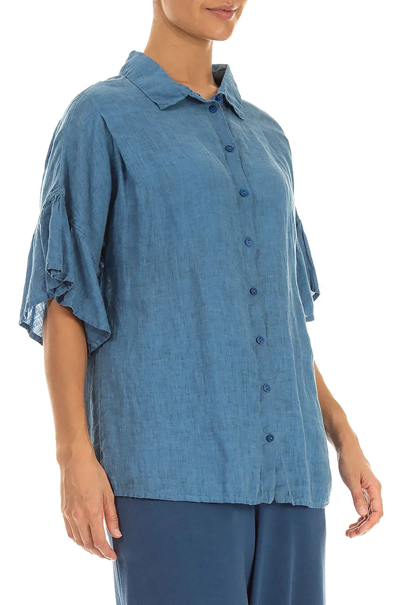 Ruffled Cuffs Cobalt Blue Linen Shirt