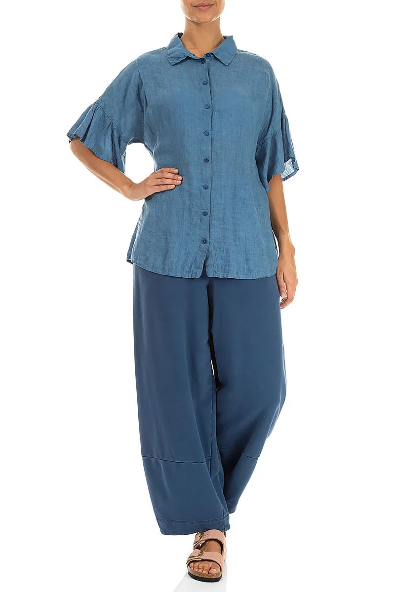 Ruffled Cuffs Cobalt Blue Linen Shirt