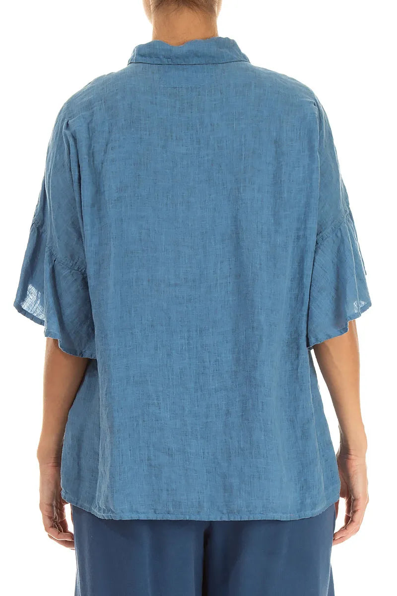 Ruffled Cuffs Cobalt Blue Linen Shirt