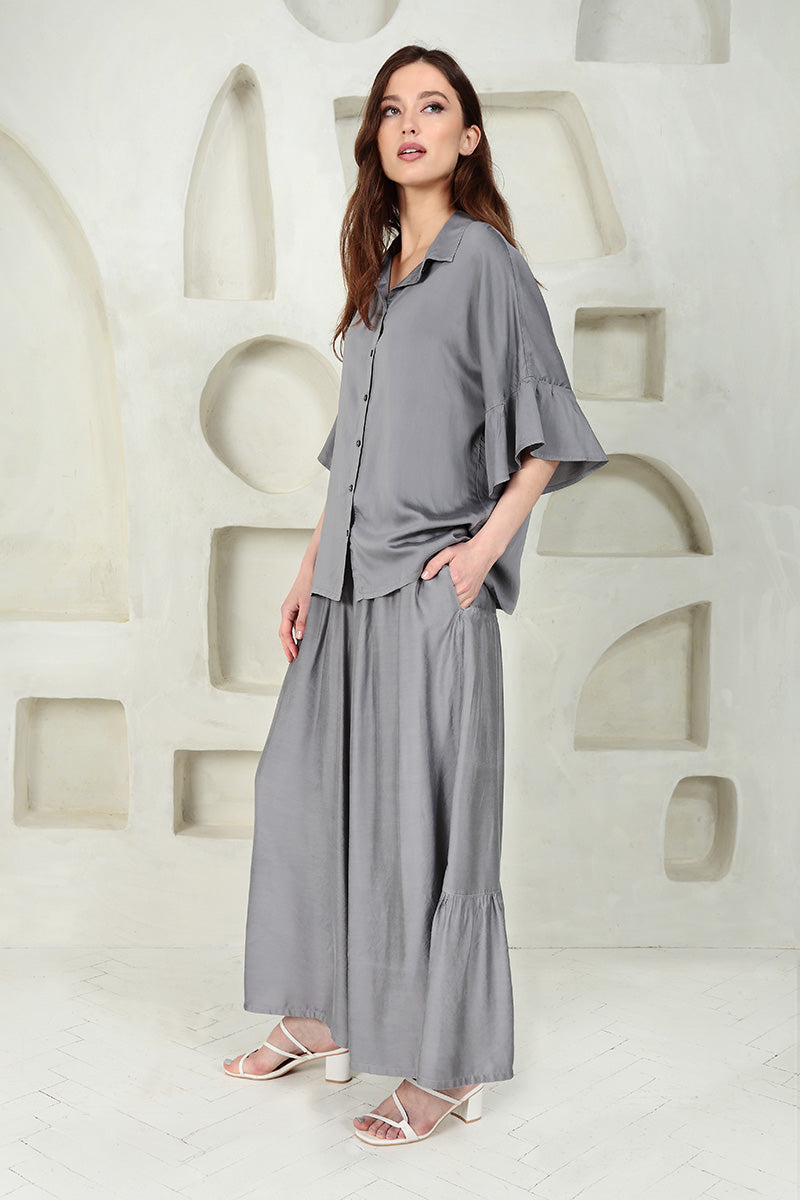 Ruffled Cuffs Storm Grey Silk Bamboo Shirt 6