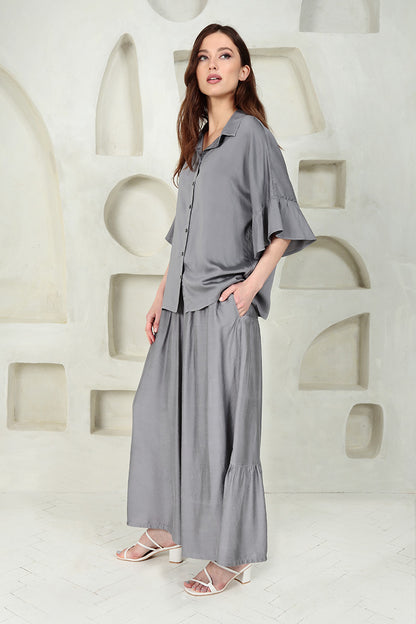 Ruffled Cuffs Storm Grey Silk Bamboo Shirt 6
