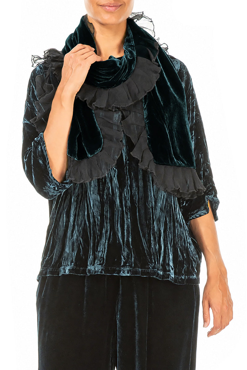 Ruffled Deep Turquoise Silk Velvet Scarf 3